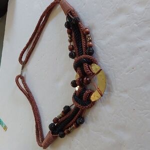 Women's Brown Cord Gold EMBLEM Beads Dress Belt Boho Neutral Sz. S/M